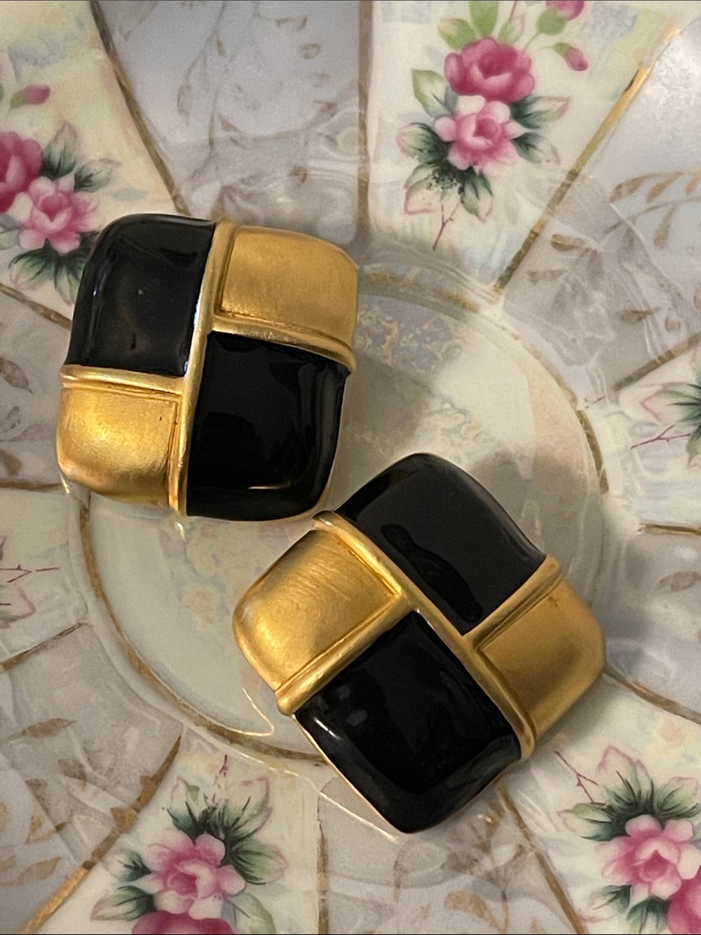 1980’s Givenchy Black & Gold Geometric Checkered Runway Clip-On Earrings